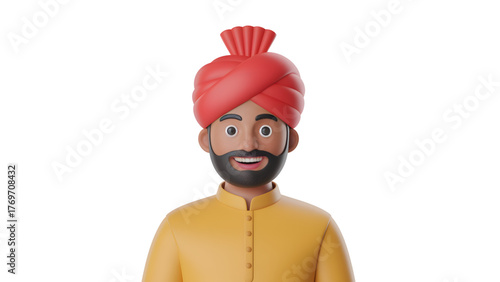 3D render of a smiling Indian man wearing a turban cheerful character illustration on a white backgr