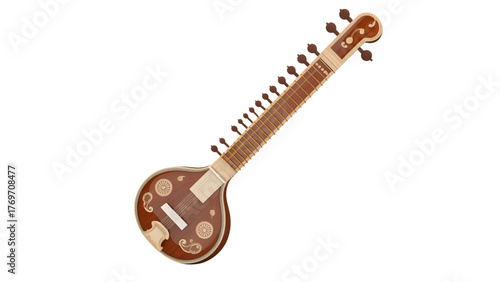 Detailed sitar illustration Indian classical stringed instrument isolated on white background