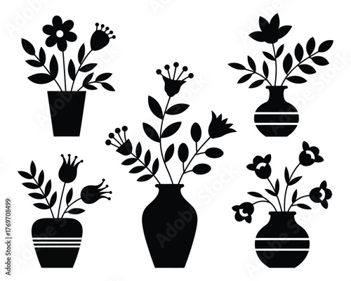 Elegant black silhouettes of flowers in vases for decorative design