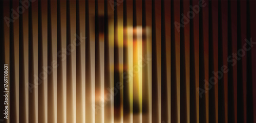 Abstract vertical blinds with warm light creating a blurry, artistic effect, evoking a sense of mystery and depth