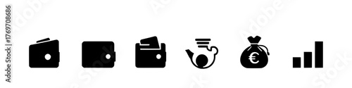 black and white vector icons representing financial concepts and money management. Wallet with cards icon. Coins silhouette icon. Growth chart. Moneybag or stash. Piggy bank flat style - stock vector
