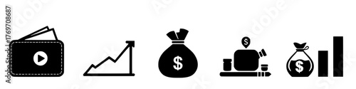 financial growth and investment opportunities: a collection of stylized icons. Wallet with cards icon. Coins silhouette icon. Growth chart. Moneybag or stash. Piggy bank flat style - stock vector