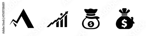 financial growth and investment strategy icons in black and white. Wallet with cards icon. Coins silhouette icon. Growth chart. Moneybag or stash. Piggy bank flat style - stock vector