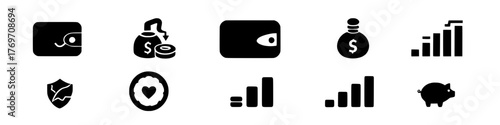 a collection of financial, security, and growth-related icons in black and white. Wallet with cards icon. Coins silhouette icon. Growth chart. Moneybag or stash. Piggy bank flat style - stock vector