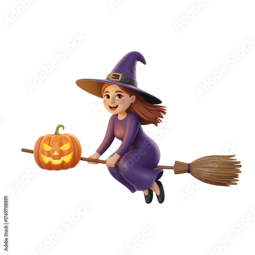 Cartoon witch flying on a broom with a pumpkin 3D render for Halloween