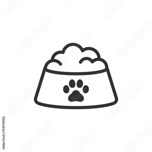 Pet bowl with food, linear icon. Animal care and feeding concept. Line with editable stroke.