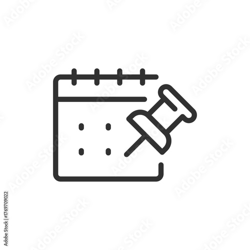 Calendar with push pin, linear icon. Event planning and schedule reminder. Line with editable stroke.
