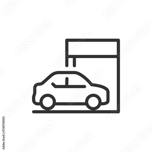 Car in garage, linear icon. Vehicle parking or private storage. Line with editable stroke.