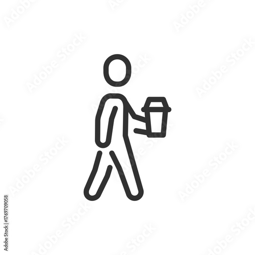 Person walking with coffee, linear icon. Morning routine or coffee break concept. Line with editable stroke.