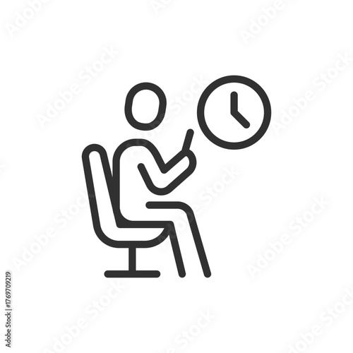 Person waiting with clock, linear icon. Airport or station waiting area. Line with editable stroke.