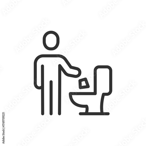 Person throwing waste into toilet, linear icon. Waste disposal in toilet. Line with editable stroke.