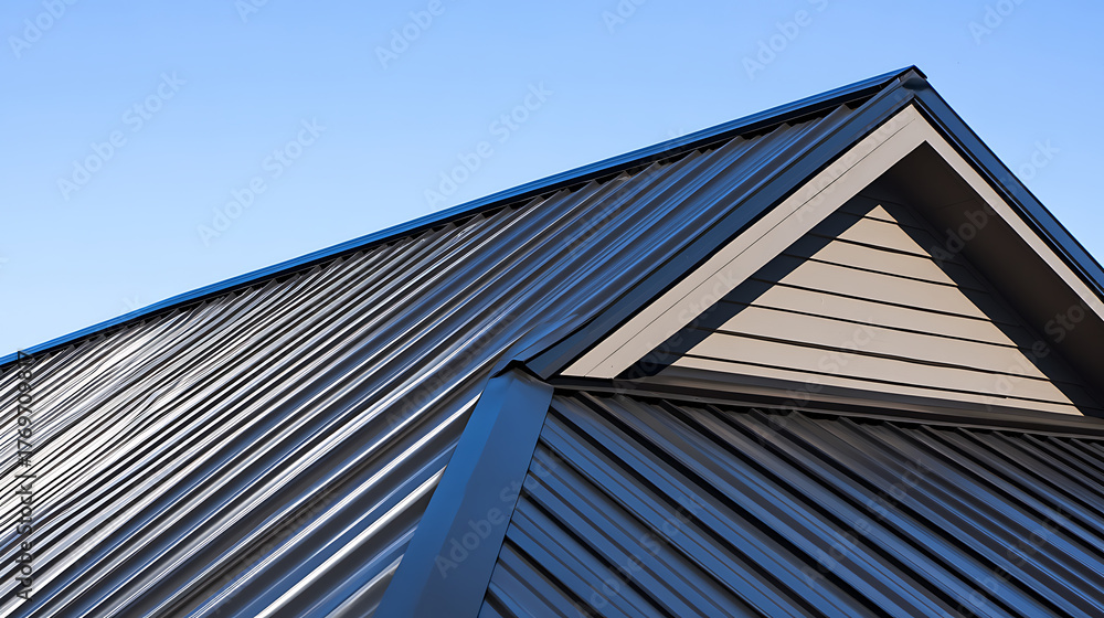 Fototapeta premium A close-up shot features the sleek, angled lines of a modern roof against a clear blue sky. The metal roofing and wooden siding create a blend of textures and shadows that showcase the building