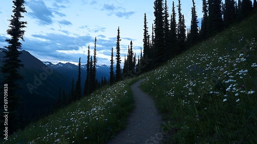 Fototapeta Naklejka Na Ścianę i Meble -  Peaceful country path with wildflowers and tall trees along sides under soft blue sky with clouds