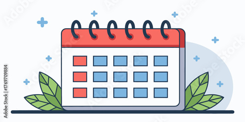 Flat vector calendar icon, date visible, red top border, isolated PNG.