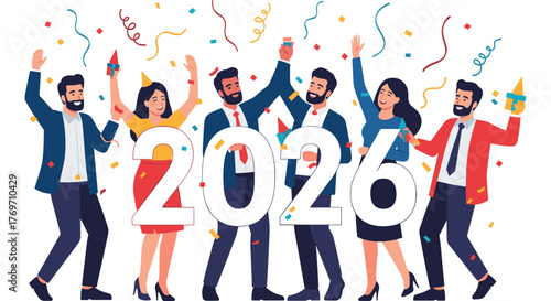 Celebratory 2026 new year party with joyful people and festive confetti