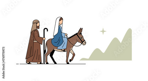 Minimalist depiction of mary and joseph's journey with a donkey in pastel tones