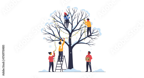 Winter tree decoration with friends hanging lights