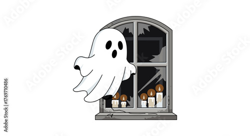 Spooky ghost floating by broken window with candle light