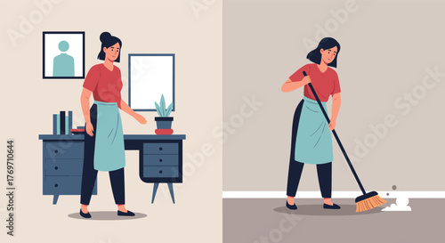 Domestic chores: woman engaged in home cleaning activities and tidying up