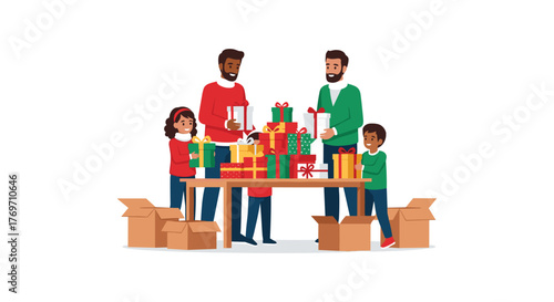 Family unwrapping holiday gifts: celebrating togetherness with presents and joyful moments