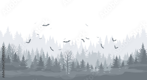 Misty forest landscape with flying bats in silhouette style