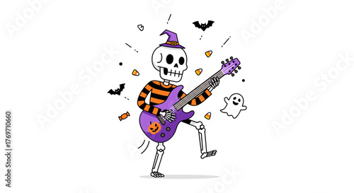 Halloween skeleton playing guitar with ghosts and candy in a whimsical cartoon style
