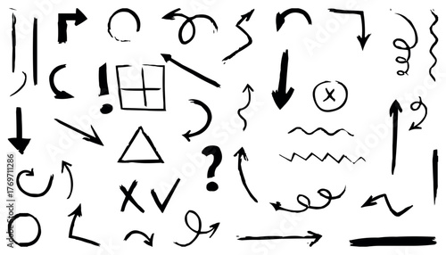 Chaotic arrows and symbols sketch. Vector illustration isolated on clear background.