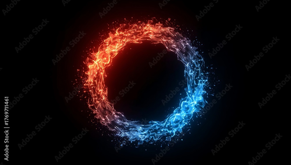 Naklejka premium Abstract Neon Ring Red and Blue Fire and Ice Glowing on Black