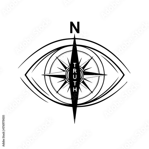A profound graphic emblem symbolizing the insightful pursuit of truth, depicting an eye with a compass rose and 'TRUTH' inscription, representing clear vision, guidance, and discovery