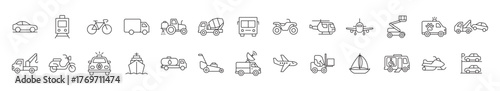 Transportation icon set , Vehicle icon set. Containing car, bike, plane, train, bicycle, motorbike, bus, scooter, and more. Outline Icon Collection. Vector illustration.  