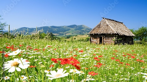 Colorful flower garden beside small rustic hut and grassy field under gentle early sunlight and blue sky
