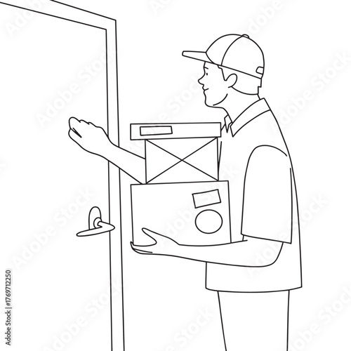Courier knocking on door with package. Vector illustration