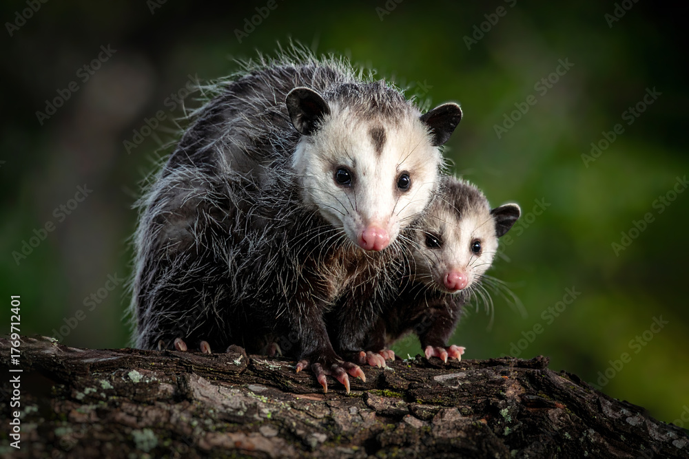 Naklejka premium The Virginia opossum (Didelphis virginiana) - North American opossum, climbing on the tree