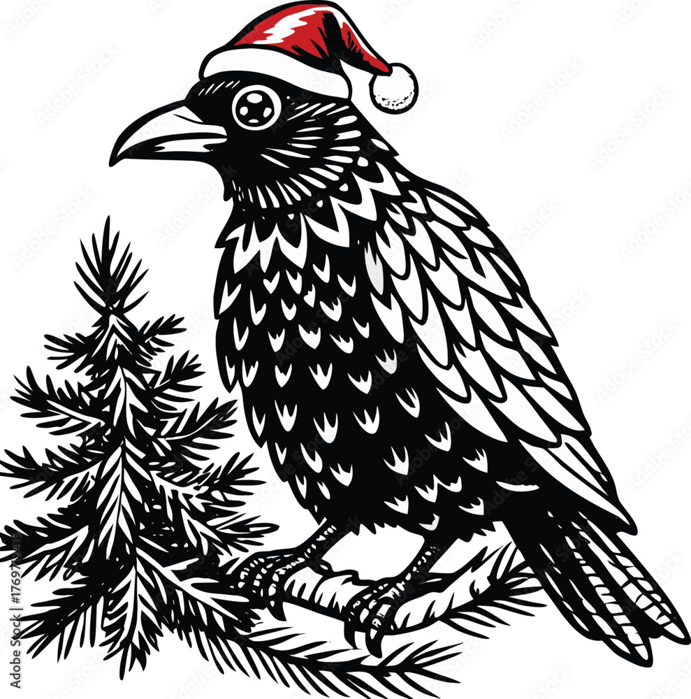 Fototapeta premium Black crow wearing Santa hat near Christmas tree Keywords crow, raven, bird, animal, Christmas.