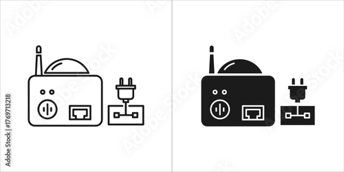 Wireless router and power adapter icon, black and white line art and silhouette versions