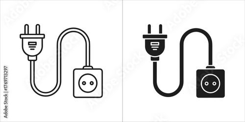 Two icons of an electrical plug and socket, one in outline and one in solid black