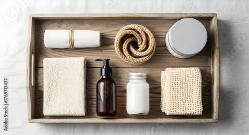 Wallpaper Mural Top view of thoughtfully arranged eco-friendly Zero Waste bath and body essentials on a wooden tray, promoting a sustainable and mindful self-care experience Torontodigital.ca