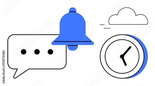 Bell, speech bubble, clock, and cloud elements visualize alerts, communication, time tracking, synchronization. Ideal for productivity, schedule reminder messaging cloud service efficiency