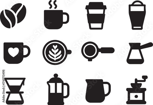 Coffee and Cafe Glyph Icons Barista Equipment and Drink Silhouette Vector Symbols