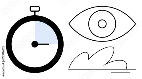 Stopwatch with time segment highlighted, open eye outline, and minimalist cloud. Ideal for time management, vision, focus, mindfulness, simplicity, clarity efficiency simple flat metaphor