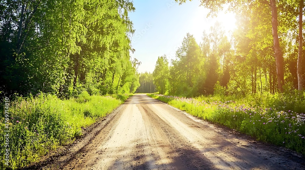 Fototapeta premium Rural lane with sunlight filtering through trees, wildflowers along the path, and clear sky above