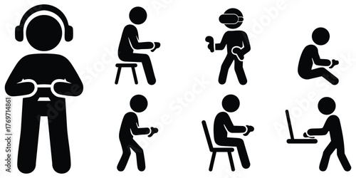 Stickman gamer silhouette collection, Gaming and esports stick figure poses, Video game player icons set