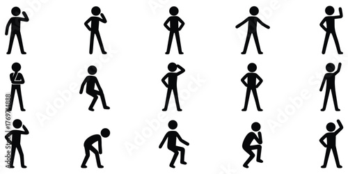 Stickman standing posture collection, Human pose silhouette set, Minimal stick figure gesture design