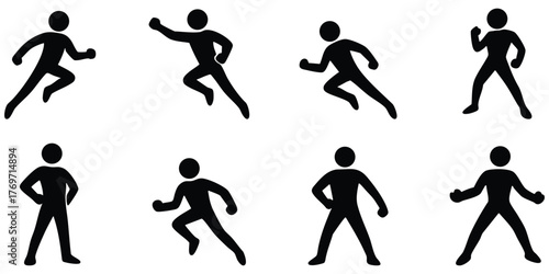 Stickman superhero silhouette poses, Heroic action stick figure collection, Superhero stance and power icon set