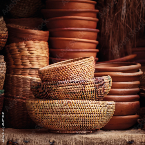 Stack of handwoven wicker baskets in earth tones, in an Indian market