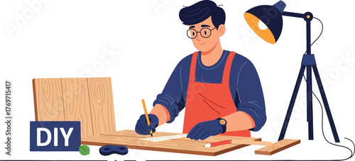 Man crafting wood under lamp, DIY project illustration.