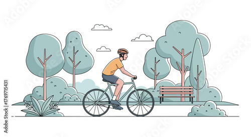 Illustration of a person riding a bicycle in a park with trees and a bench.
