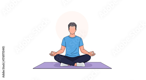 Man meditating in lotus position on a yoga mat, illustration.