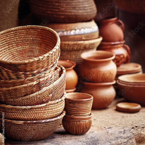 Stack of handwoven wicker baskets in earth tones, in an Indian market