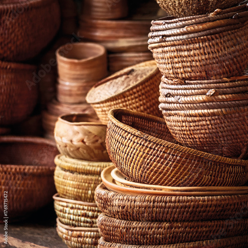 Stack of handwoven wicker baskets in earth tones, in an Indian market